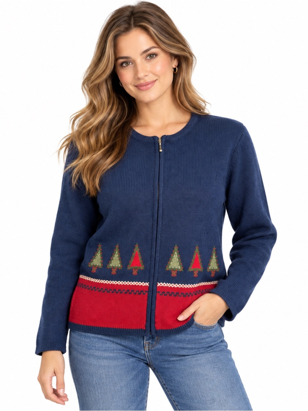 Vintage 90s Northern Reflections Navy Zip Cardigan L Tree Motif Cotton Knit